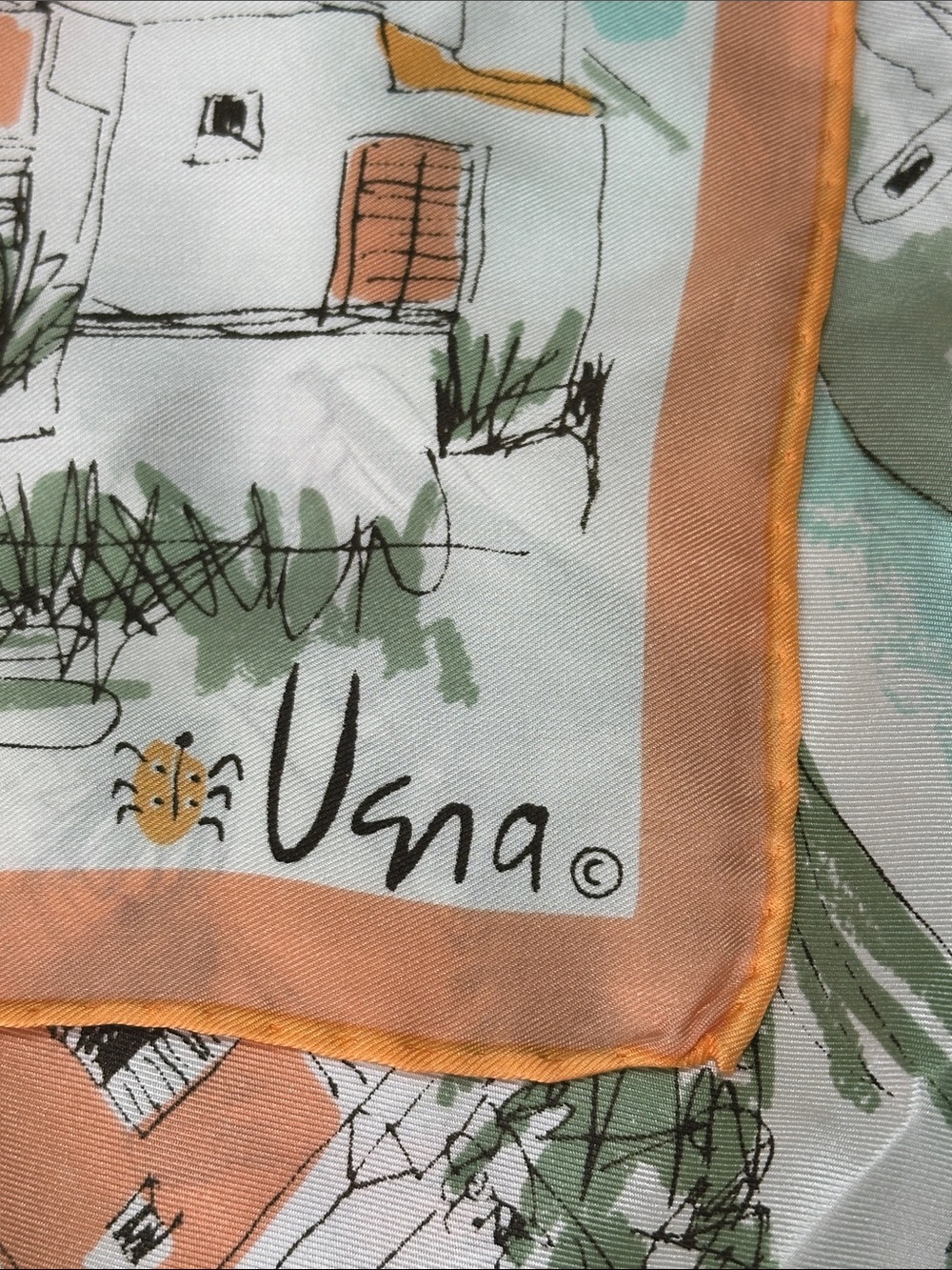 Vintage Vera Neumann Silk Scarf 29x29 Hand Rolled Made Japan Village Print - Picture 5 of 5